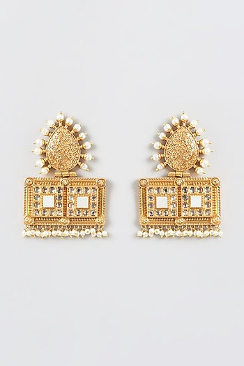 Gold Finish Kundan Polki & Pearls Dangler Earrings