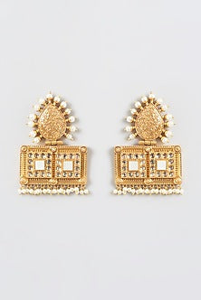 Gold Finish Kundan Polki & Pearls Dangler Earrings