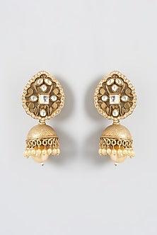 Gold Finish Kundan Polki & Pearl Jhumka Earrings