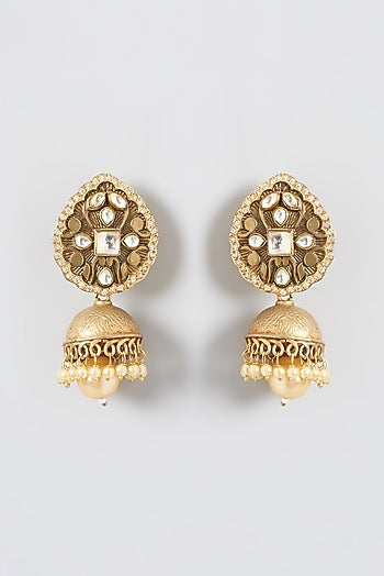 Gold Finish Kundan Polki & Pearl Jhumka Earrings