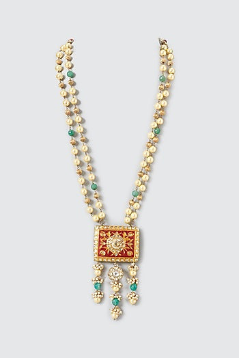 Gold Finish Kundan Polki Long Enameled Pendant Necklace