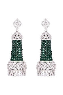 White Finish Semi-Precious Emerald Jhumka Earrings