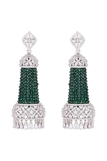 White Finish Semi-Precious Emerald Jhumka Earrings