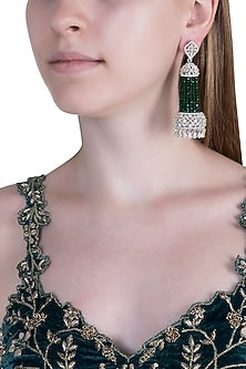 White Finish Semi-Precious Emerald Jhumka Earrings