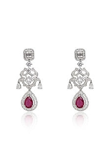 White Rhodium Finish Zircon & Pinkish Red Ruby Drop Dangler Earrings In Sterling Silver