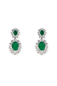 White Rhodium Finish Zircon & Emerald Dangler Earrings In Sterling Silver