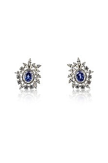 White Rhodium Finish Sapphire & Zircon Stud Earrings In Sterling Silver