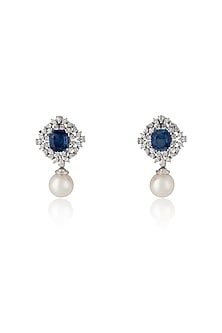 White Rhodium Finish Sapphire & Zircon Stud Earrings In Sterling Silver