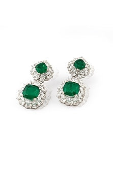 White Rhodium Finish Emerald & Zircon Dangler Earrings In Sterling Silver