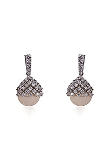 White Rhodium Finish Zircon & Shell Pearl Dangler Earrings In Sterling Silver