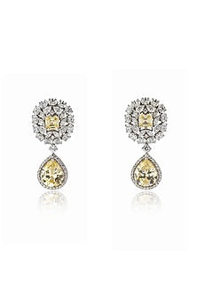 White Rhodium Finish Yellow Citrine & Zircon Dangler Earrings In Sterling Silver