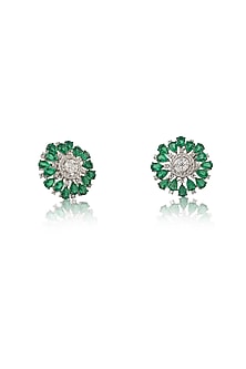 White Rhodium Finish Zircon & Emerald Stud Earrings In Sterling Silver