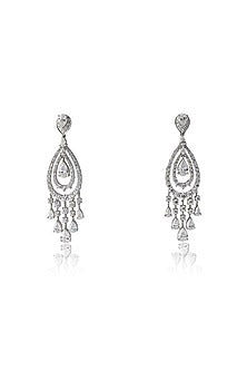 White Rhodium Finish Zircon & Diamond Dangler Earrings In Sterling Silver