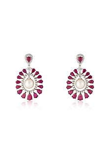 White Rhodium Finish Zircon & Ruby Dangler Earrings In Sterling Silver