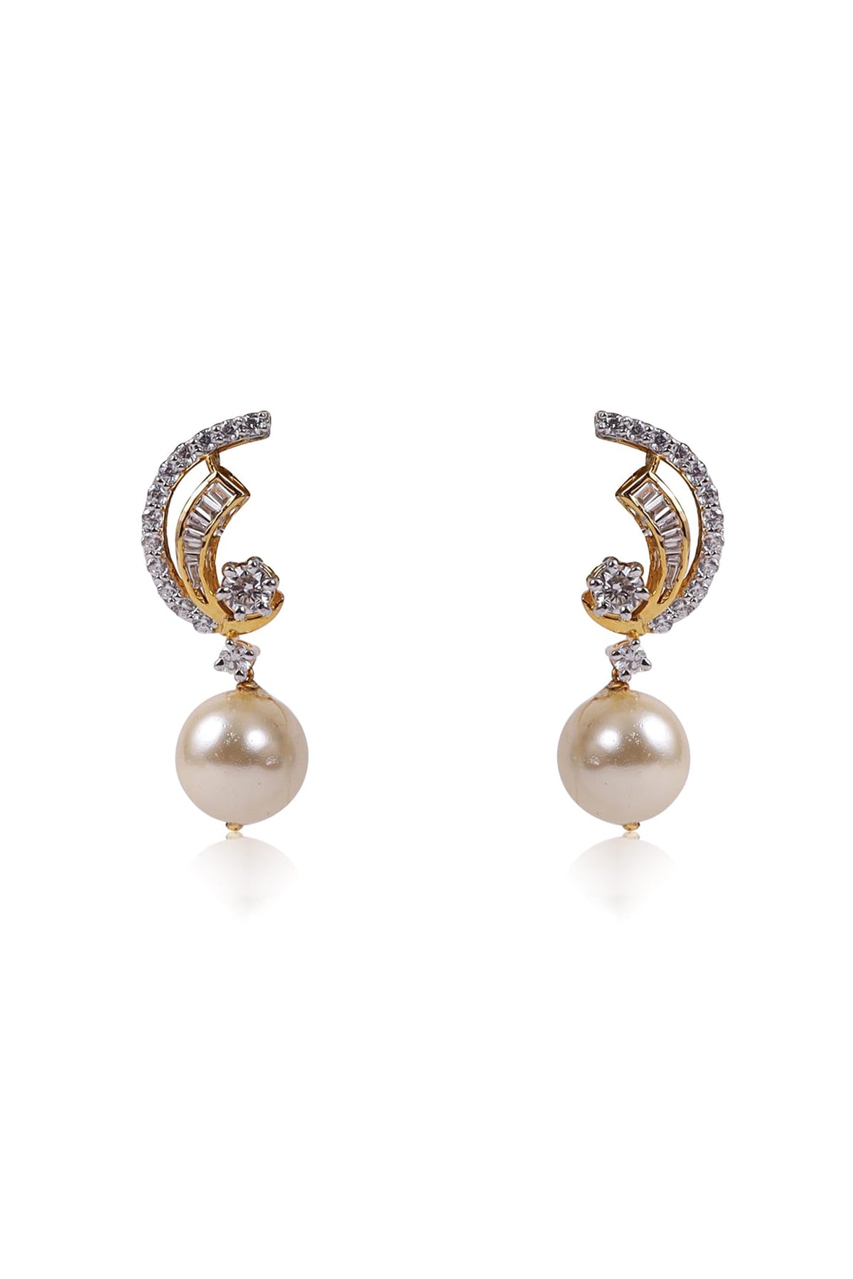 Two Tone Finish Zircon & Pearl Drop Half Moon Earrings In Sterling Silver