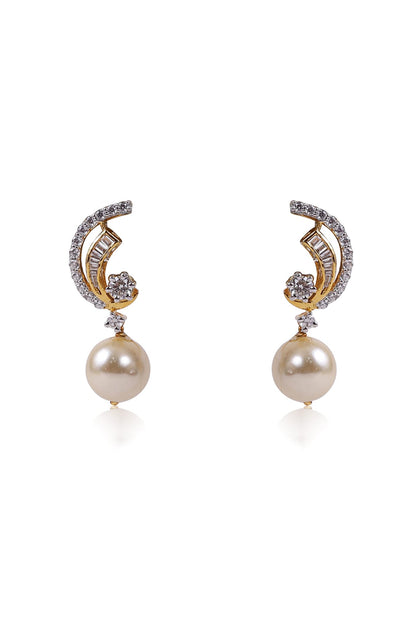 Two Tone Finish Zircon & Pearl Drop Half Moon Earrings In Sterling Silver