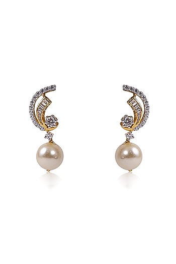 Two Tone Finish Zircon & Pearl Drop Half Moon Earrings In Sterling Silver