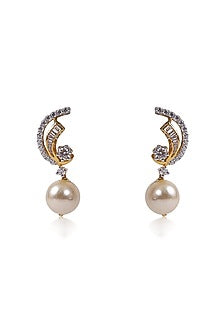 Two Tone Finish Zircon & Pearl Drop Half Moon Earrings In Sterling Silver