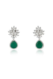 White Rhodium Finish Zircon & Emerald Dangler Earrings In Sterling Silver