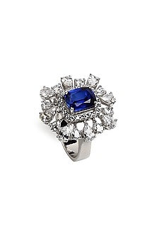 White Rhodium Finish Sapphire & Zircon Ring In Sterling Silver
