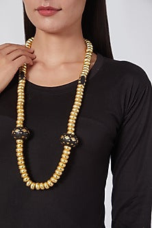 Gold Finish Wooden Beaded Long Necklace