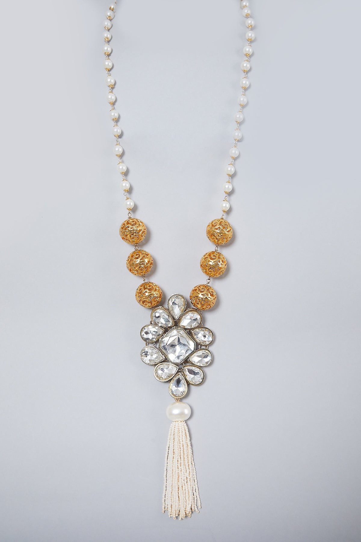 Gold Finish Pearl Long Floral Pendant Necklace