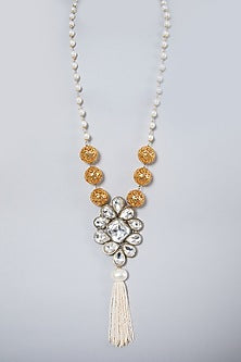 Gold Finish Pearl Long Floral Pendant Necklace