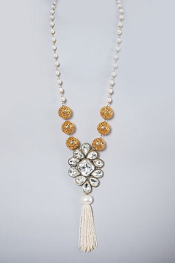 Gold Finish Pearl Long Floral Pendant Necklace