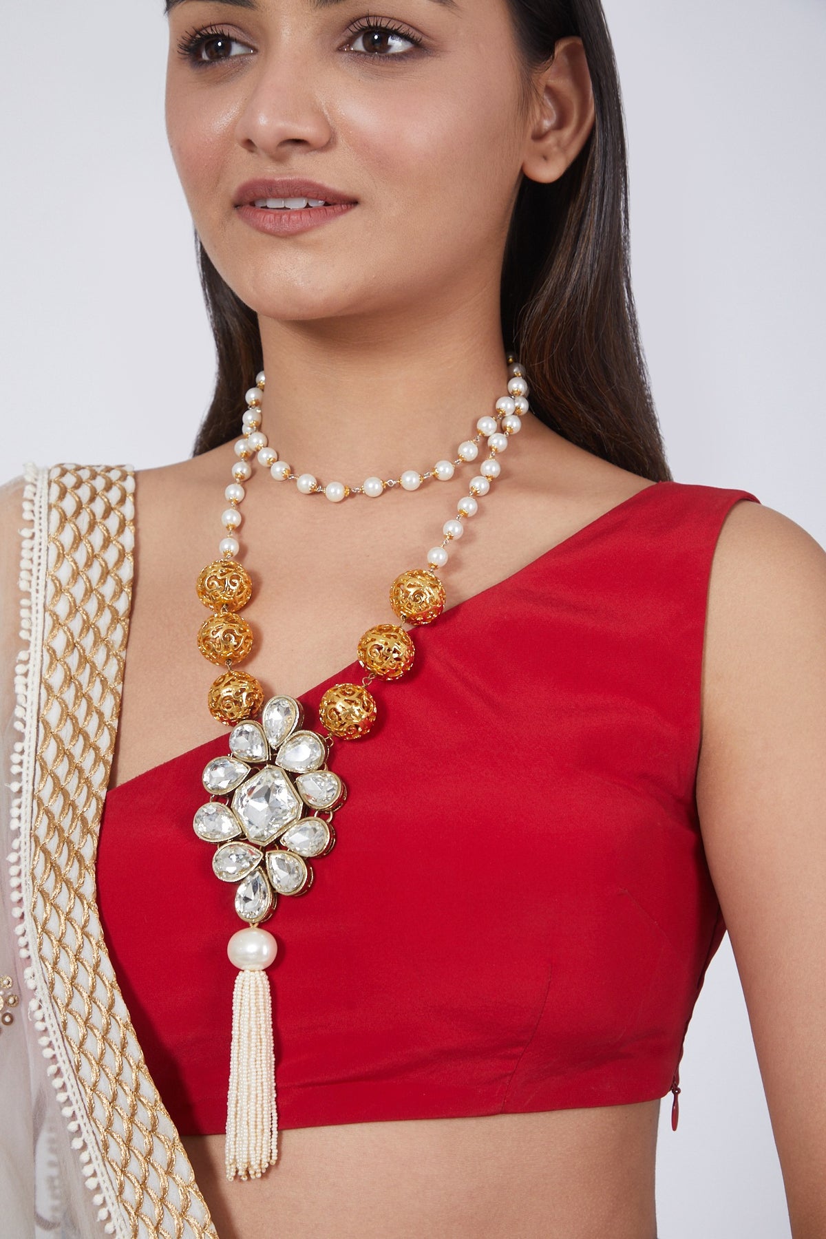 Gold Finish Pearl Long Floral Pendant Necklace