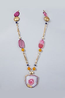 Gold Finish Pink Flat Beaded Necklace