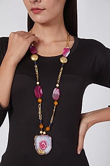 Gold Finish Pink Flat Beaded Necklace
