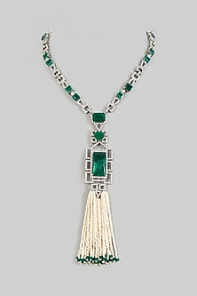 White Rhodium Finish Emerald Semi-Precious Stone Long Necklace