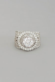 White Rhodium Finish Cubic Zirconia Large Solitaire Cocktail Ring