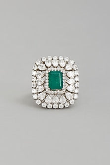 White Rhodium Finish Emerald Semi-Precious Stone Ring
