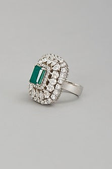 White Rhodium Finish Emerald Semi-Precious Stone Ring
