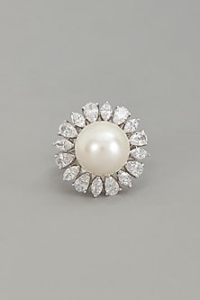 White Rhodium Finish Cubic Zirconia Sunflower Ring
