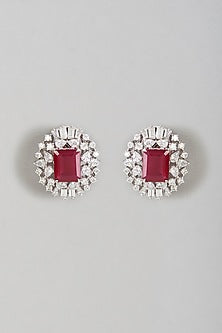 White Rhodium Finish Large Ruby Semi-Precious Stone Earrings