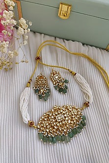 Micro Gold Plated Pachi Kundan & Green Bead Choker Necklace Set
