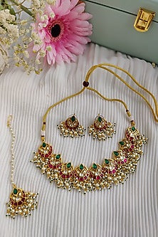 Micro Gold Plated Pachi Kundan & Ruby Choker Necklace Set