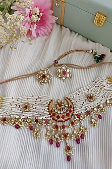 Gold Finish Kundan Polki & Ruby Choker Necklace Set