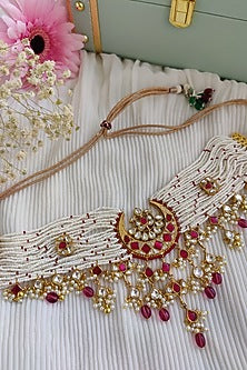 Gold Finish Kundan Polki & Ruby Choker Necklace Set