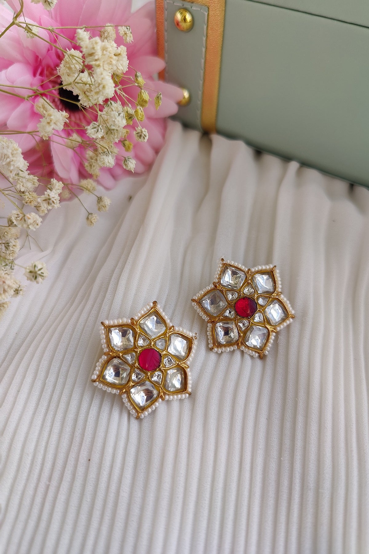 Gold Finish Kundan Polki & Ruby Choker Necklace Set