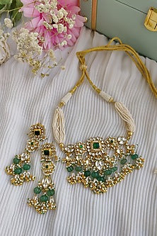 Gold Finish Kundan Polki & Melon Bead Floral Choker Necklace Set