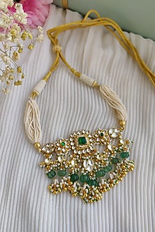 Gold Finish Kundan Polki & Melon Bead Floral Choker Necklace Set