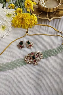 Gold Finish Kundan Polki & Pastel Green Bead Choker Necklace Set