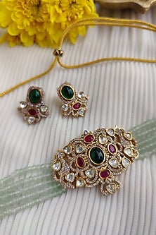 Gold Finish Kundan Polki & Pastel Green Bead Choker Necklace Set