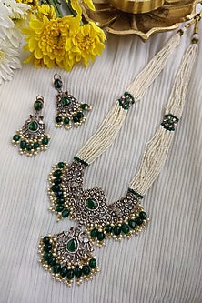 Black Rhodium Finish Kundan Polki & Pearl Long Necklace Set