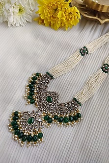 Black Rhodium Finish Kundan Polki & Pearl Long Necklace Set
