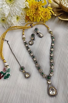 Black Rhodium Finish Kundan Polki & Zirconia Long Necklace Set
