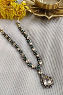Black Rhodium Finish Kundan Polki & Zirconia Long Necklace Set